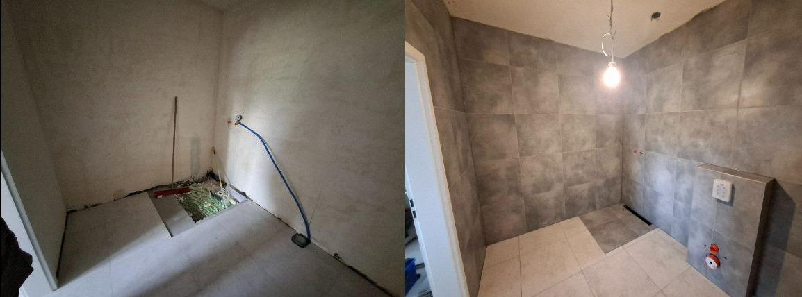 Łazienka przed i po remoncie: surowe ściany i instalacje vs. wykończone płytki, oświetlenie i zabudowa. Widoczna różnica w estetyce i funkcjonalności.