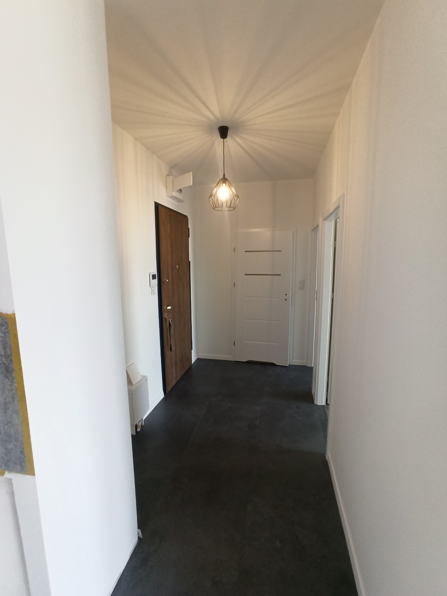 Nowoczesny korytarz po remoncie: ciemna podłoga, białe ściany, drewniane drzwi wejściowe i wewnętrzne z poziomymi frezami, designerska lampa sufitowa.