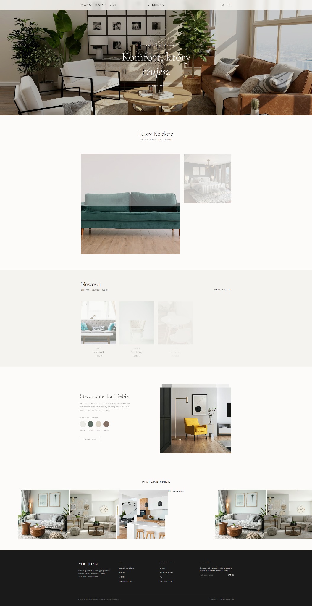 Projekt strony internetowej sklepu meblowego ZTREJMAN z minimalistycznym designem, prezentujący kolekcje mebli i nowości w jasnej kolorystyce.