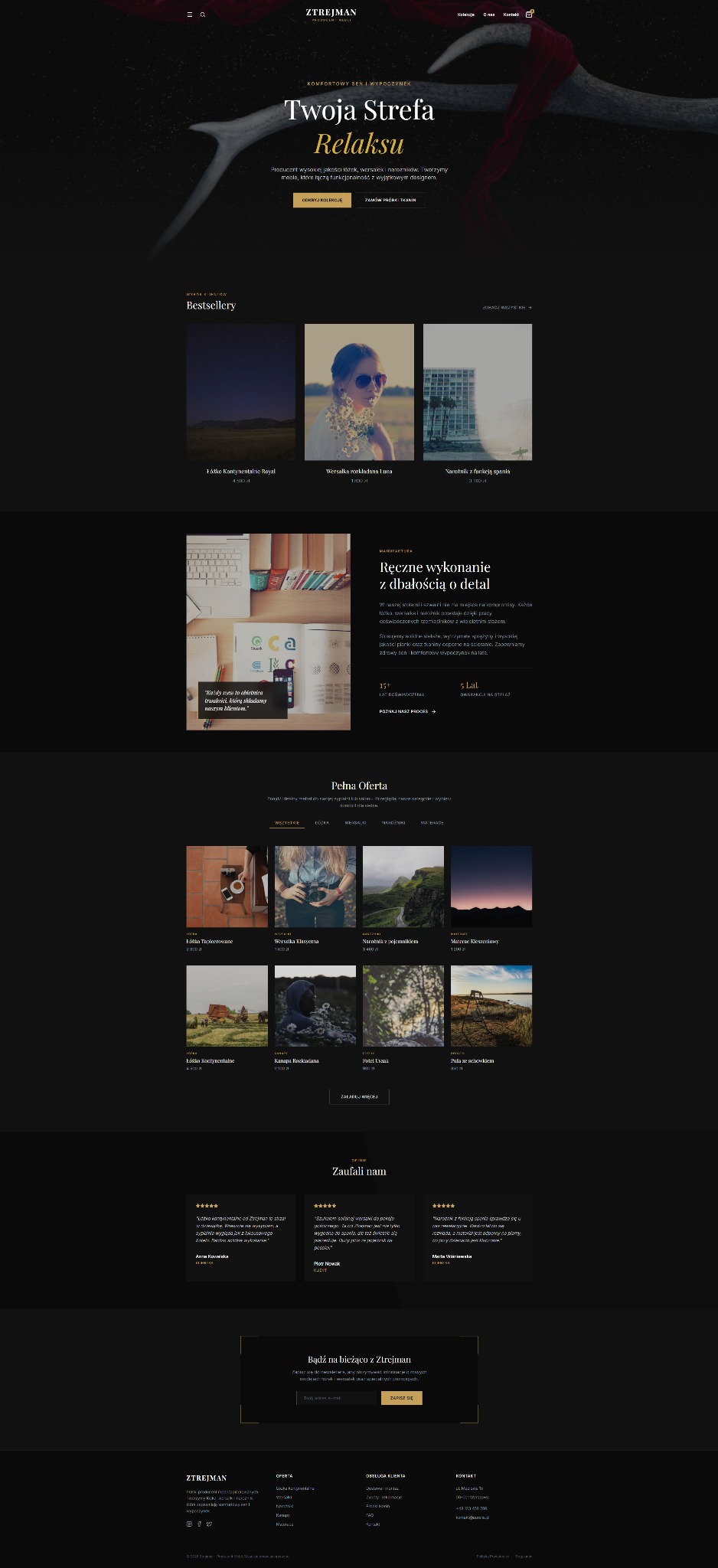 Elegancki wygląd strony internetowej z ciemnym tłem, prezentującej ofertę mebli do sypialni, w tym łóżka kontynentalne i wersalki, z naciskiem na komfort i relaks.