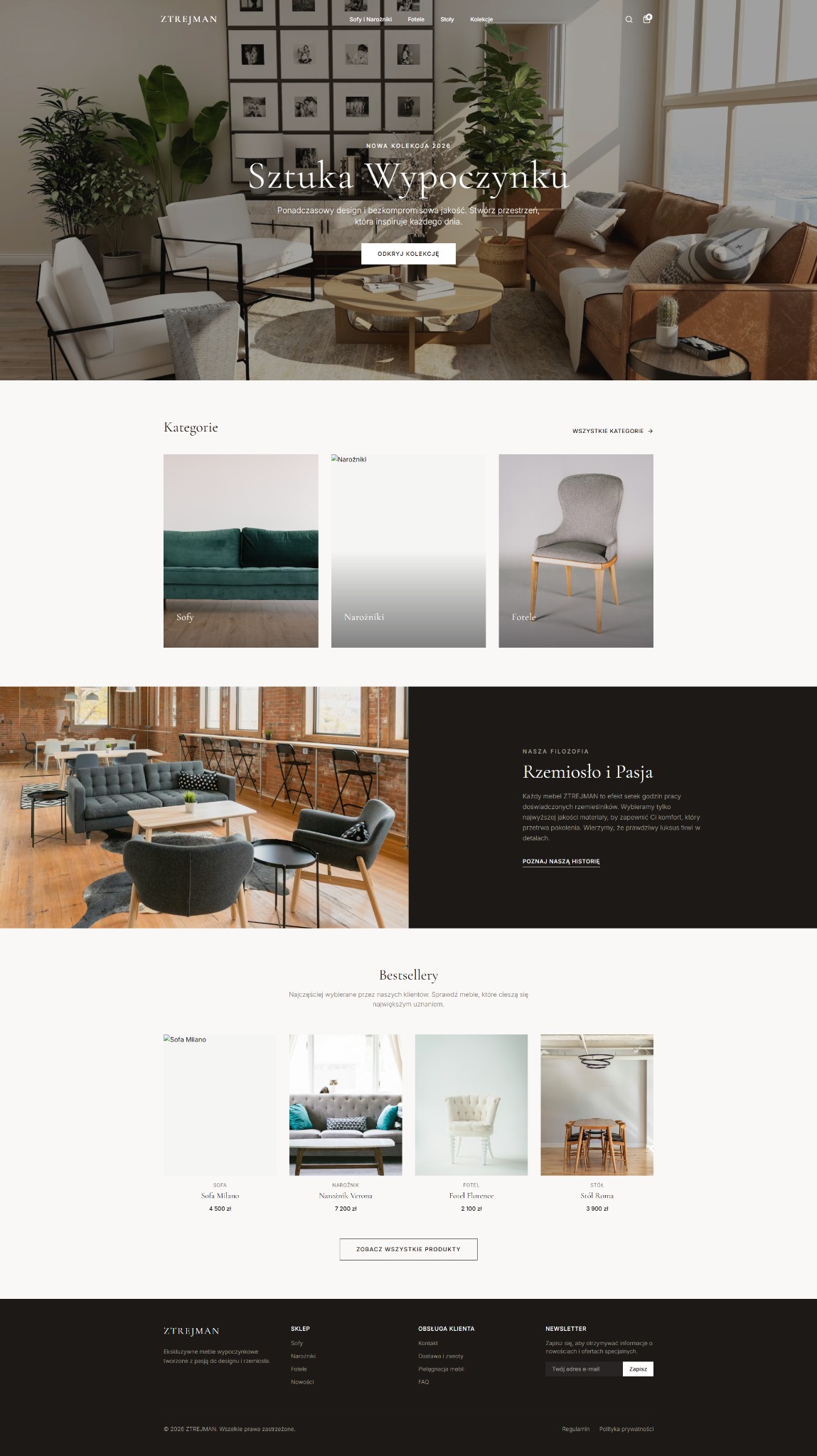 Nowoczesna strona internetowa sklepu meblowego ZTREJMAN prezentuje kolekcję 'Sztuka Wypoczynku' z sofami, fotelami i narożnikami w jasnej, przestronnej aranżacji.