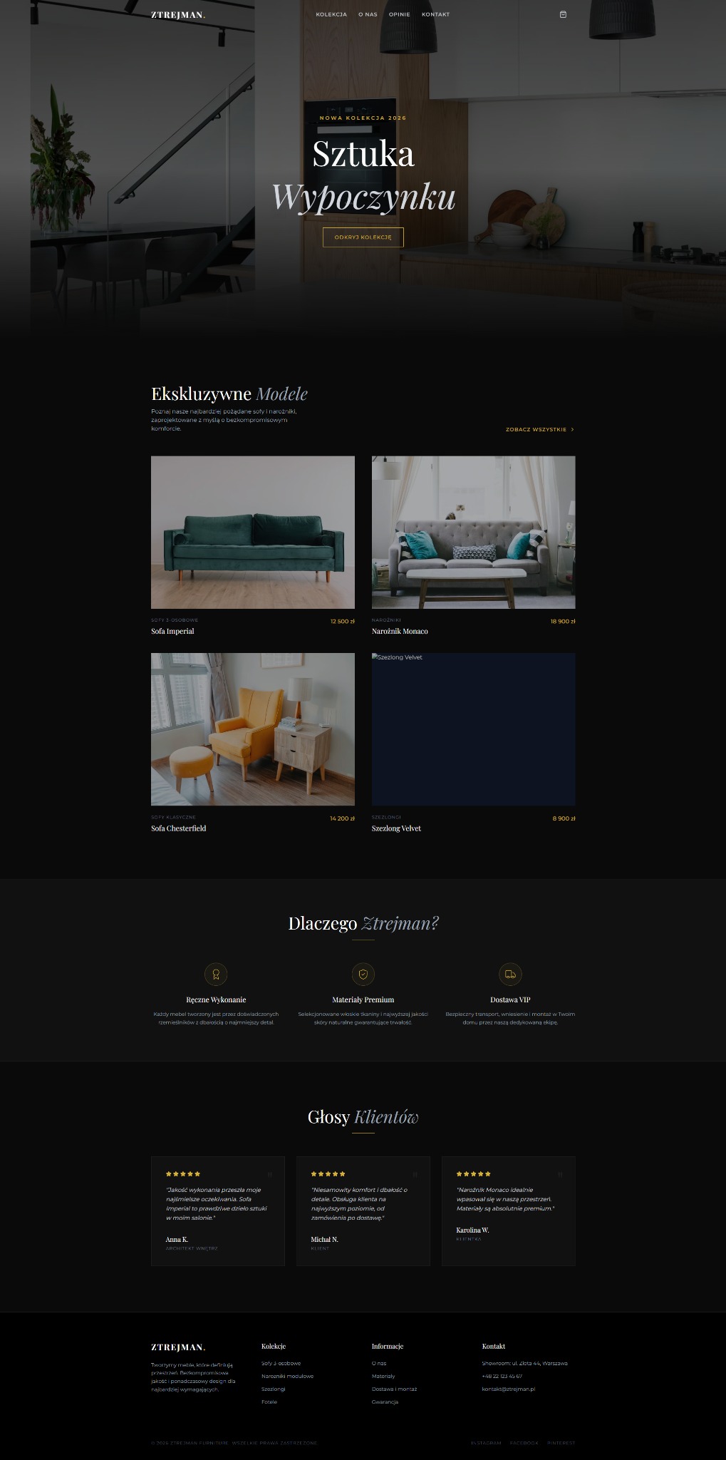 Elegancki landing page producenta mebli Ztrejman z kolekcją sof, narożników i szezlongów. Minimalistyczny design, stonowana kolorystyka i wysokiej jakości zdjęcia produktów.