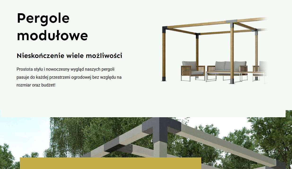 Pergola modułowa z drewnianą konstrukcją i szarymi elementami, otoczona zielenią. Nowoczesny design i prostota stylu, idealna do ogrodu. Meble ogrodowe pod pergolą.
