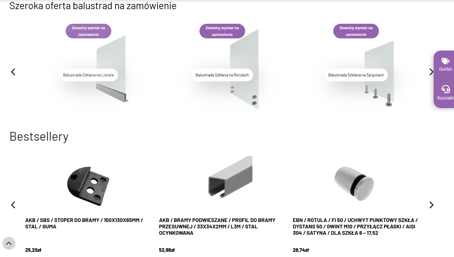 Szklane balustrady na zamówienie: listwowa, na rotulach i spigotach. Bestsellery: stoper do bramy, profil do bramy przesuwnej, uchwyt punktowy szkła. Outlet i kontakt.