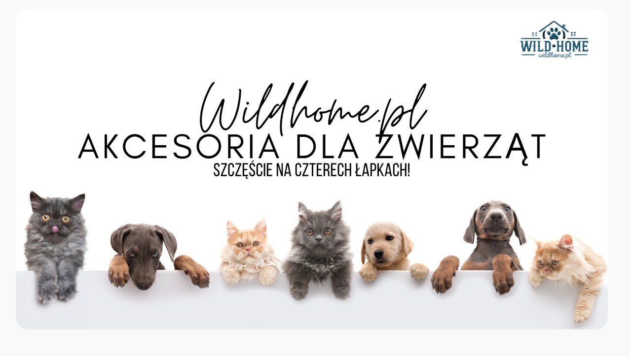 Grafika z psami i kotami, hasłem 'Akcesoria dla zwierząt' i logo Wild-Home.pl. Różne rasy i umaszczenia, ułożone obok siebie, opierają się o białą powierzchnię.