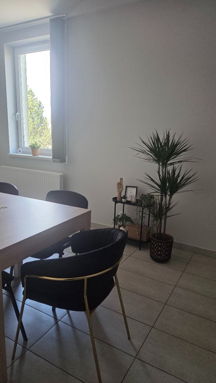 Jasne biuro z dużym stołem, czarnymi krzesłami z złotymi nogami i roślinami doniczkowymi. Za oknem widok na drzewa. Minimalistyczny wystrój wnętrza.