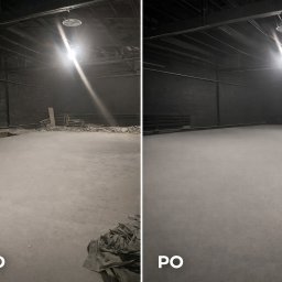 BudClean - Zdjęcie 'przed i po' przedstawia halę: po lewej stronie bałagan i gruz, po prawej czysta, gładka powierzchnia. Oświetlenie sufitowe. Kontrastowe ujęcie.