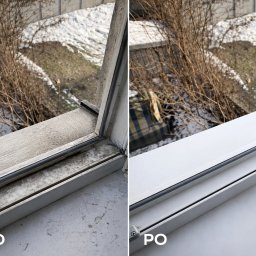 BudClean - Okno PCV przed i po czyszczeniu, widok z góry. Po lewej brudne, po prawej lśniąco czyste. Na zewnątrz widoczny fragment ogrodu i śnieg.