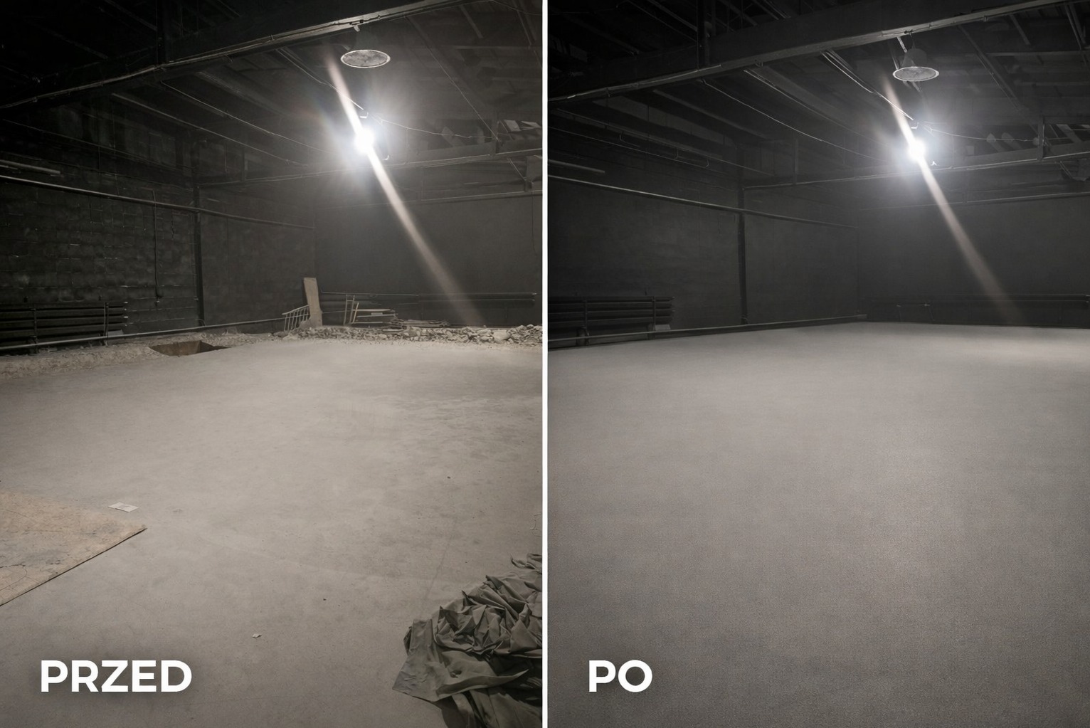 Zdjęcie 'przed i po' przedstawia halę: po lewej stronie bałagan i gruz, po prawej czysta, gładka powierzchnia. Oświetlenie sufitowe. Kontrastowe ujęcie.