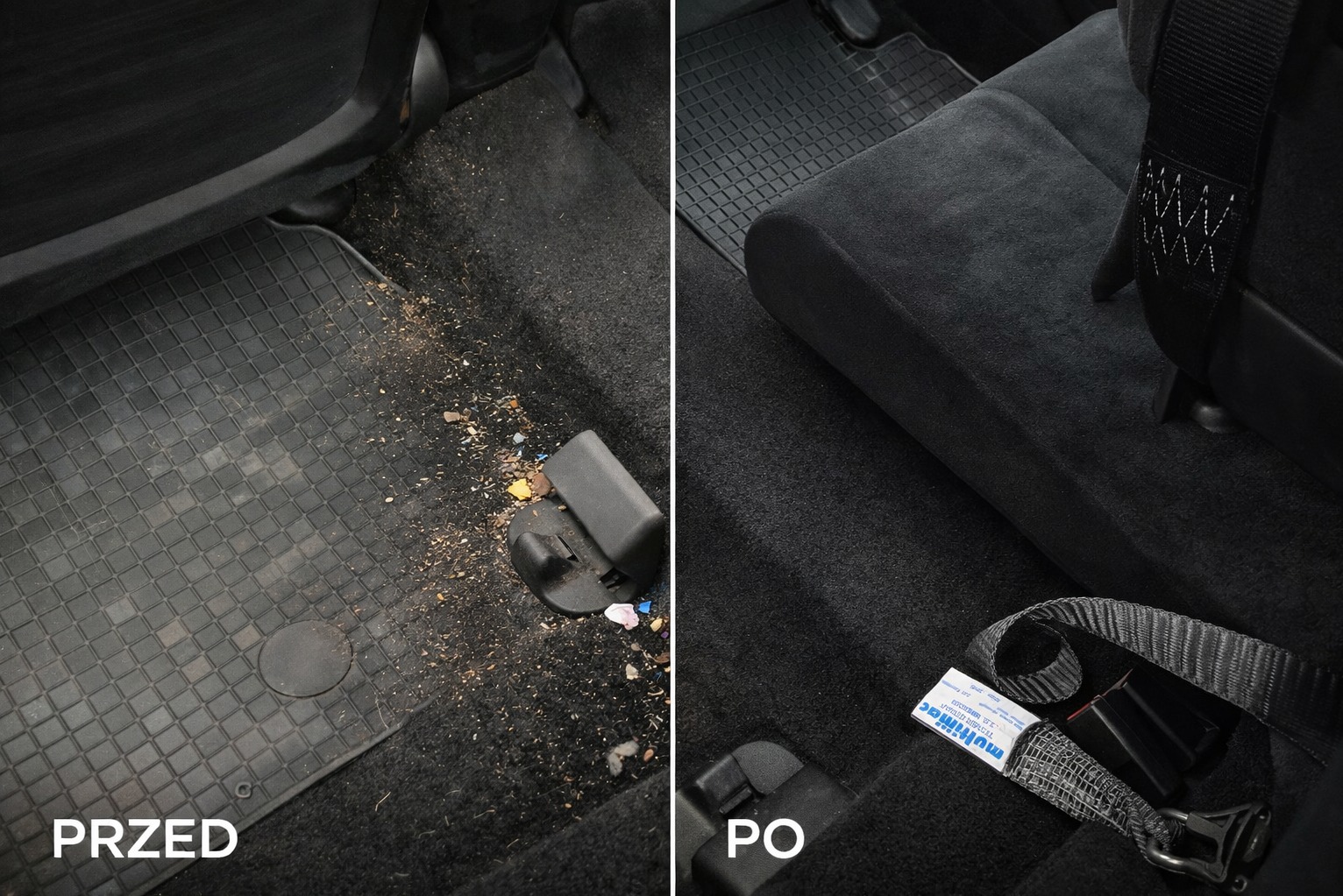 Tapicerka samochodowa przed i po czyszczeniu. Po lewej brudna podłoga z gumowym dywanikiem, po prawej czysta tapicerka i pas bezpieczeństwa. Widoczne napisy 'PRZED' i 'PO'.