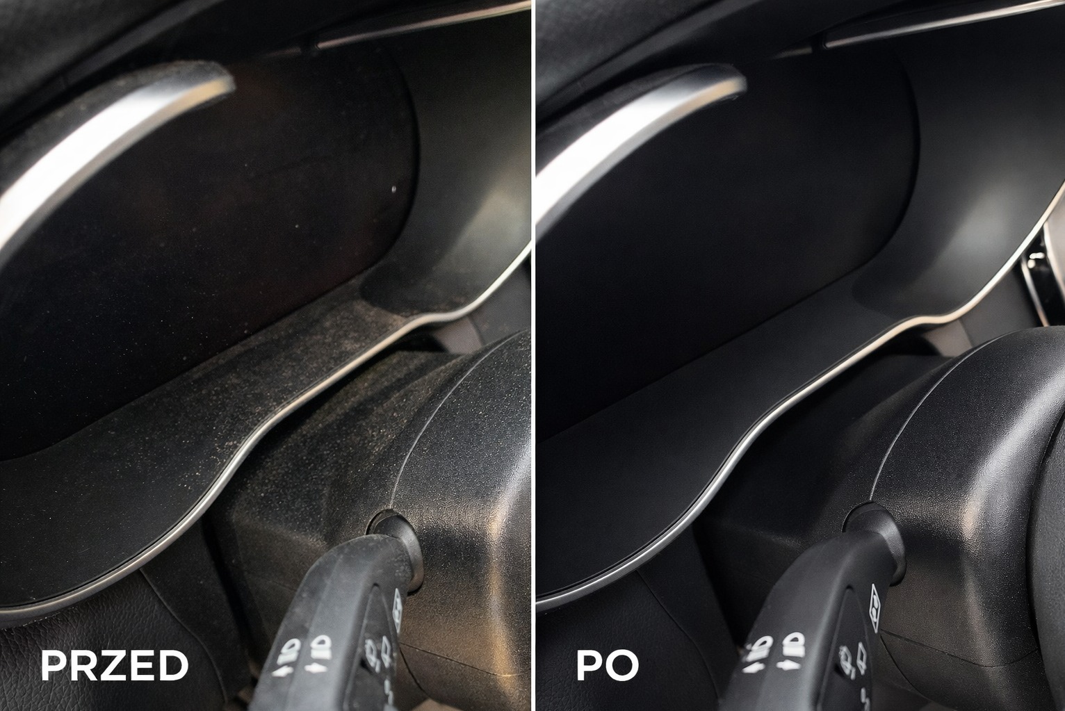 Zdjęcie 'przed i po' czyszczenia kokpitu samochodowego. Po lewej zakurzona powierzchnia, po prawej czysta, błyszcząca. Widoczna kierownica i srebrne elementy wykończenia.