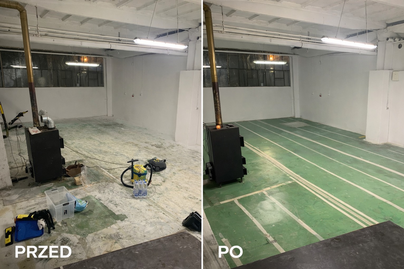 Zdjęcie 'przed i po' przedstawia sprzątanie hali: po lewej brudna podłoga, po prawej czysta, zielona podłoga z białymi liniami. Widoczny piec i sprzęt do sprzątania.