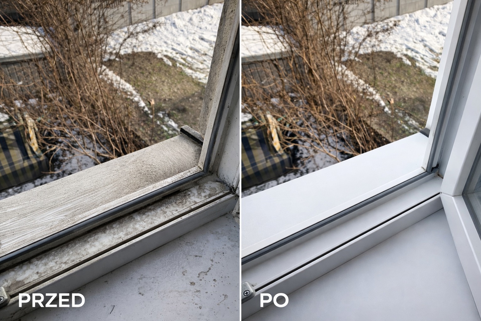 Okno PCV przed i po czyszczeniu, widok z góry. Po lewej brudne, po prawej lśniąco czyste. Na zewnątrz widoczny fragment ogrodu i śnieg.