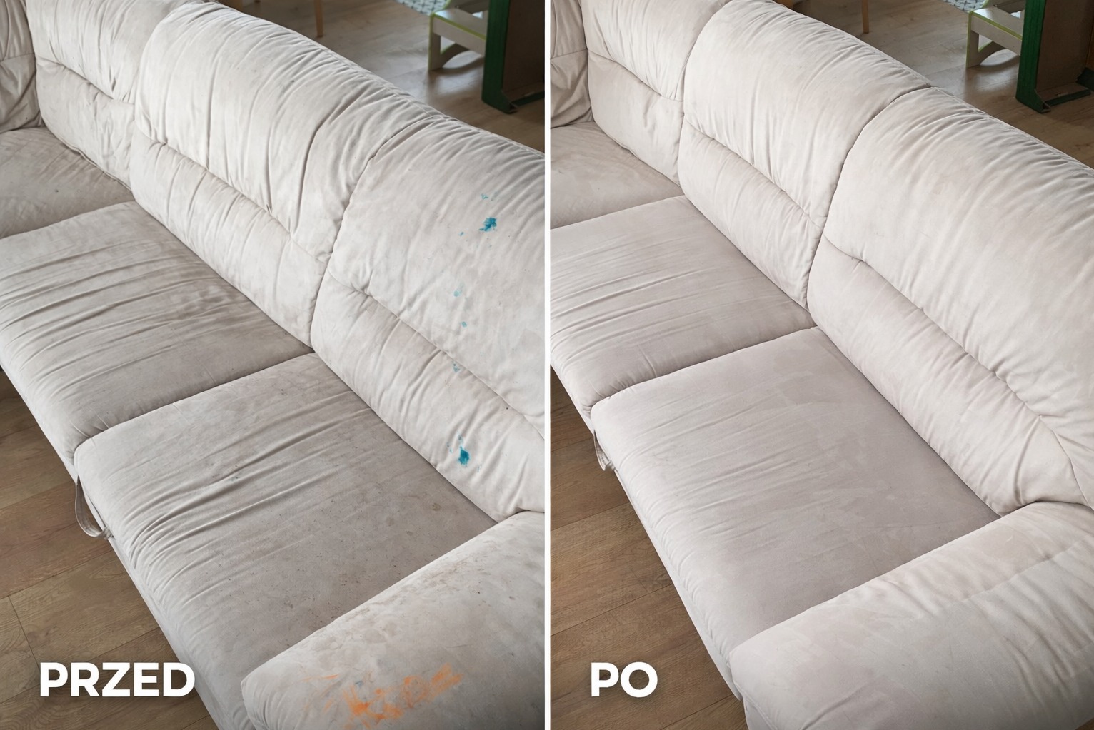 Zdjęcie 'przed i po' czyszczenia jasnej, tapicerowanej sofy z plamami. Widoczne efekty profesjonalnego prania tapicerki meblowej, z usuniętymi zabrudzeniami.