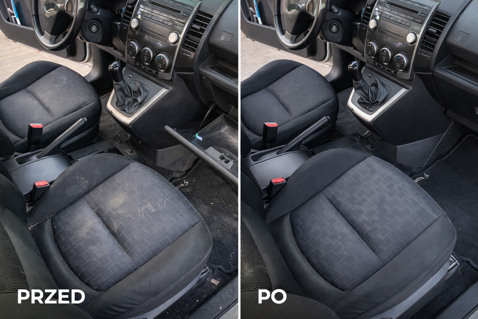 Tapicerka samochodowa przed i po czyszczeniu. Widoczne zabrudzenia na fotelu kierowcy przed zabiegiem, a po prawej stronie czysty fotel po usłudze.