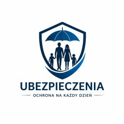 Adam Kaczmarek - Niebieskie logo firmy ubezpieczeniowej: rodzina pod parasolem w tarczy, napis 'Ubezpieczenia - ochrona na każdy dzień'.