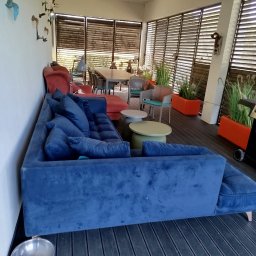 Patrycja Simińska - Zadaszony taras z drewnianą podłogą i niebieską sofą. W tle stół z krzesłami, rośliny w pomarańczowych donicach i żaluzje. Dekoracje ścienne w kształcie ptaków.