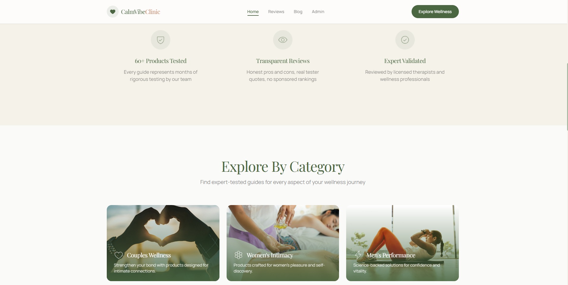 Strona internetowa CalmVibeClinic z sekcją 'Explore By Category', prezentującą kategorie: 'Couples Wellness', 'Women's Intimacy' i 'Men's Performance'.