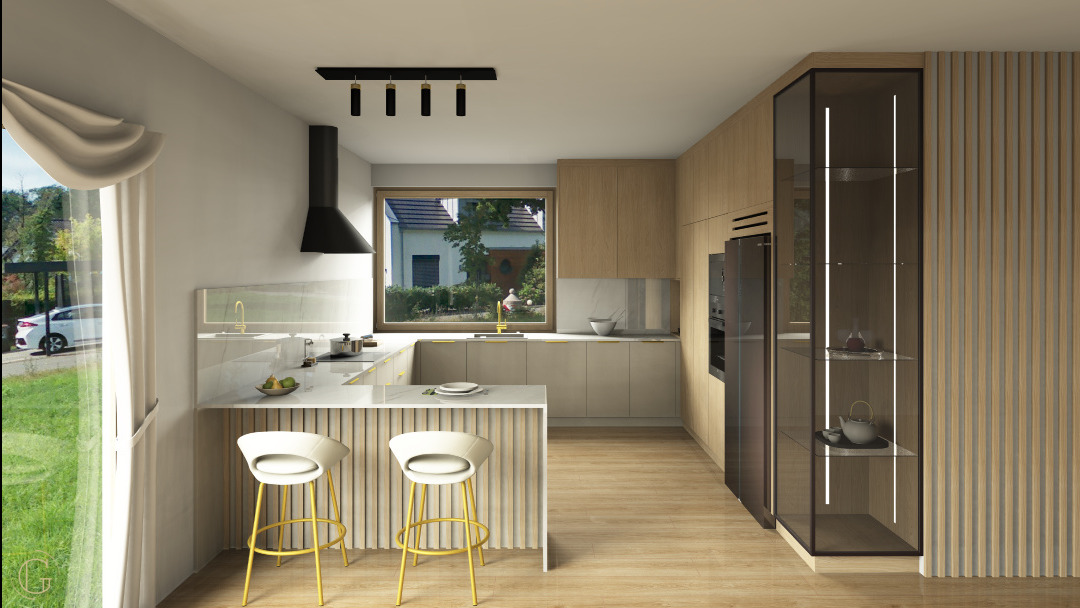 Nowoczesna kuchnia w odcieniach beżu z wyspą i złotymi akcentami w Promniku. Minimalistyczny design, eleganckie oświetlenie i funkcjonalne rozwiązania.