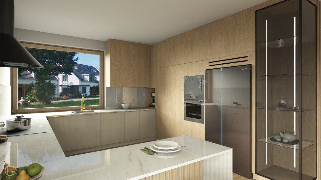 Nowoczesna kuchnia z drewnianymi frontami, wyspą z marmurowym blatem i przeszkloną witryną. Widok na domy przez okno nad zlewem. Minimalistyczny design.