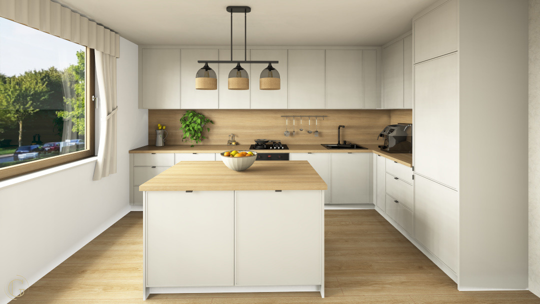 Jasna kuchnia z wyspą i drewnianym blatem. Minimalistyczne szafki, wiszące lampy i duże okno z widokiem na zieleń. Nowoczesny design, naturalne światło.