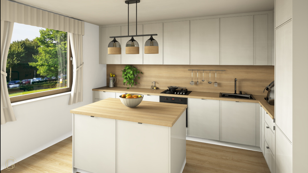 Jasna kuchnia z wyspą i drewnianym blatem, oświetlona trzema lampami wiszącymi. Za oknem widok na zieleń. Minimalistyczny design, nowoczesne wykończenie.