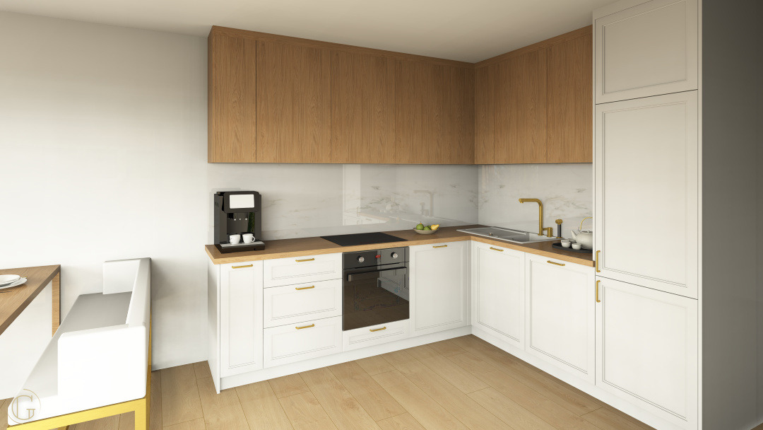 Nowoczesna kuchnia w bieli i drewnie: zabudowa z szafkami górnymi z forniru, sprzęt AGD w zabudowie, złote akcenty i jasna podłoga. Minimalistyczny design.