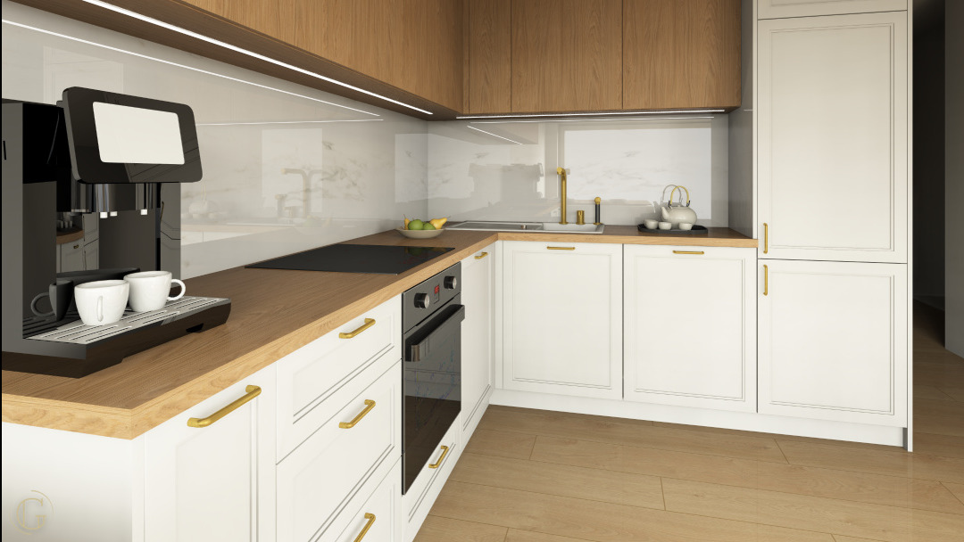 Jasna kuchnia w stylu klasycznym z drewnianymi akcentami, złotymi uchwytami i nowoczesnym ekspresem do kawy. Ujęcie z niskiego kąta podkreśla przestronność wnętrza.