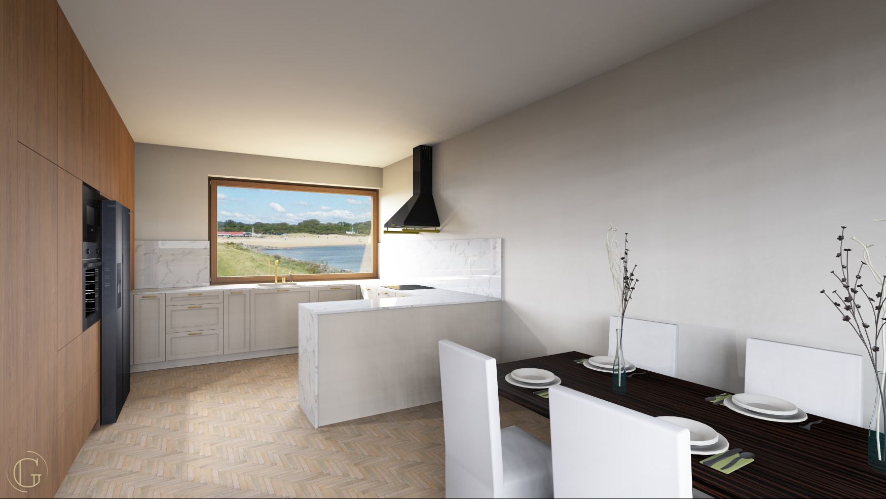 Jasna kuchnia z wyspą i widokiem na morze. Drewniane szafki, marmurowy blat, czarny okap. Stół z białymi krzesłami i dekoracjami. Parkiet w jodełkę.