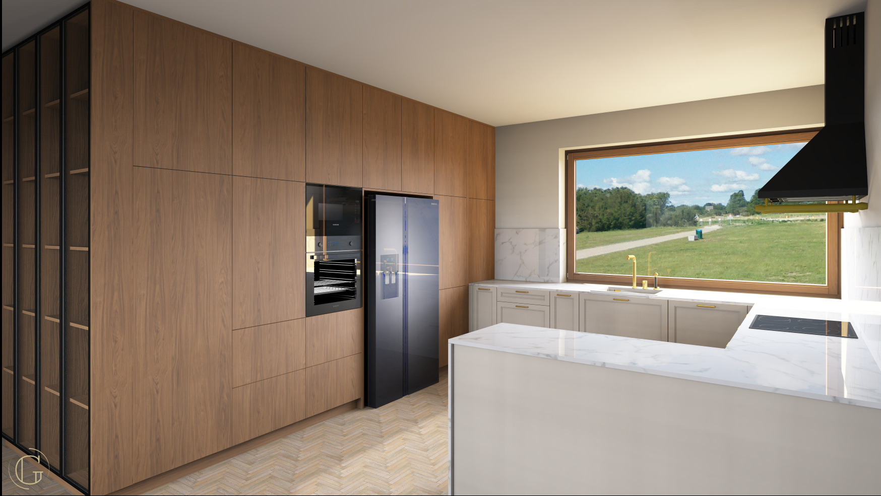Nowoczesna kuchnia z drewnianymi frontami, czarnym sprzętem AGD i wyspą z marmurowym blatem. Duże okno z widokiem na zieleń.