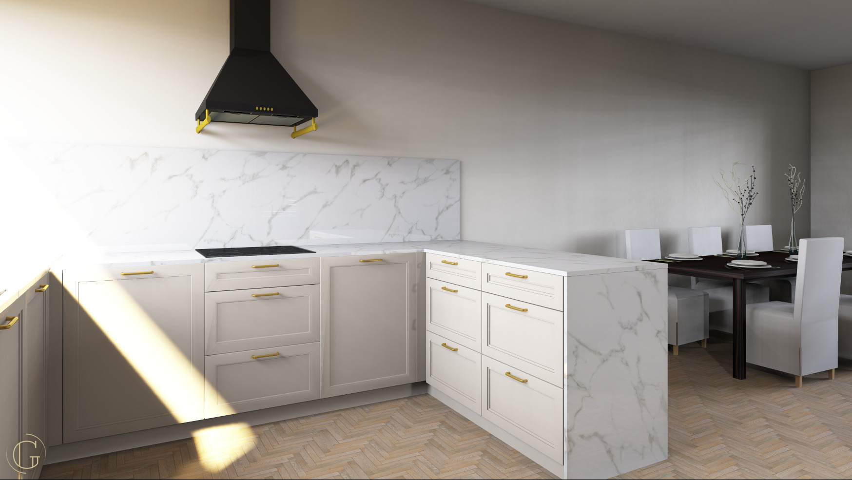 Elegancka kuchnia w odcieniach beżu z marmurowym blatem i złotymi uchwytami, uzupełniona czarnym okapem i drewnianą podłogą w jodełkę, z widoczną jadalnią w tle.