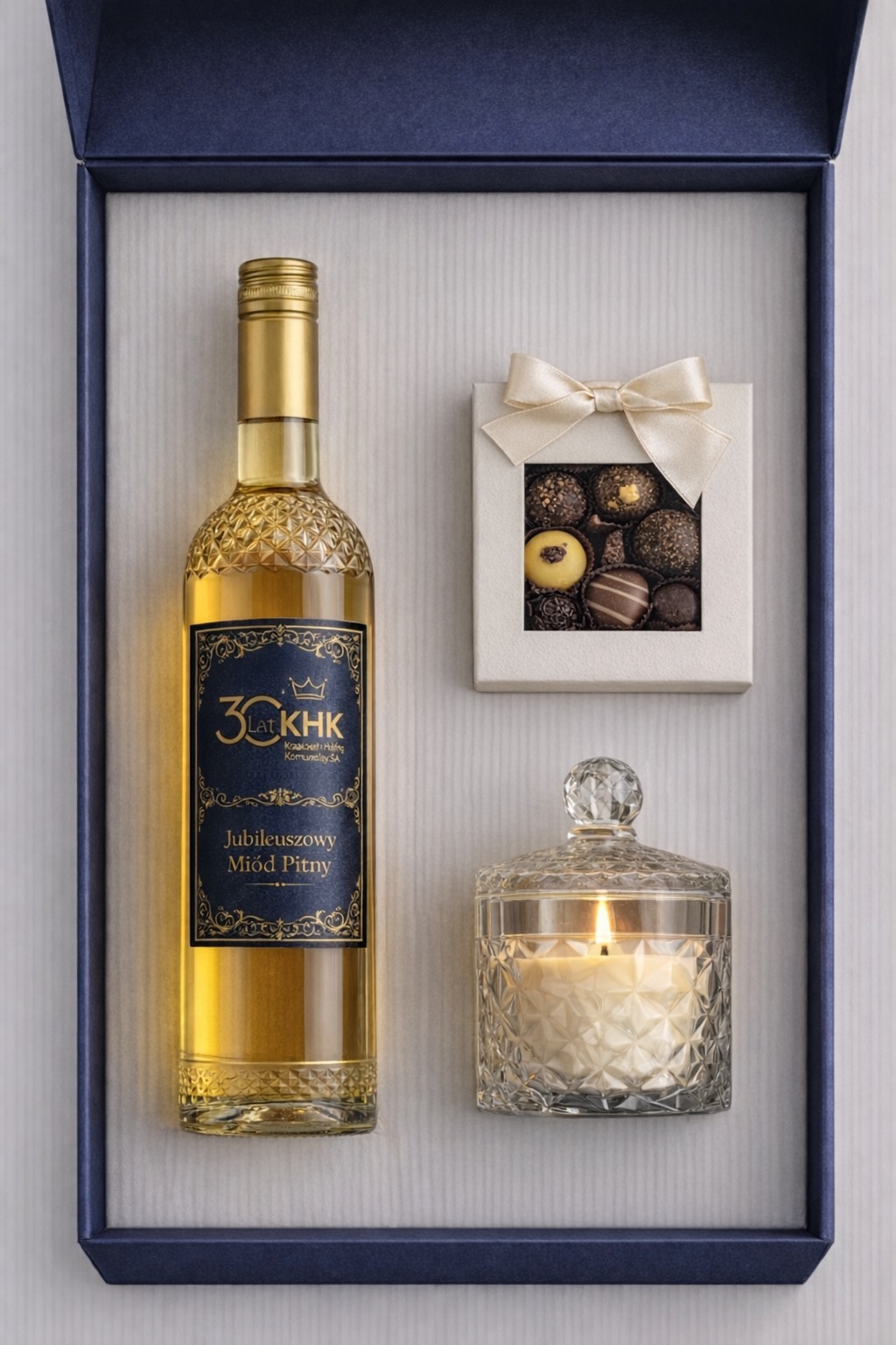 Elegancki zestaw upominkowy w granatowym pudełku: butelka miodu pitnego z etykietą '30 lat KHK', pudełko pralinek z kokardą i kryształowa świeca.