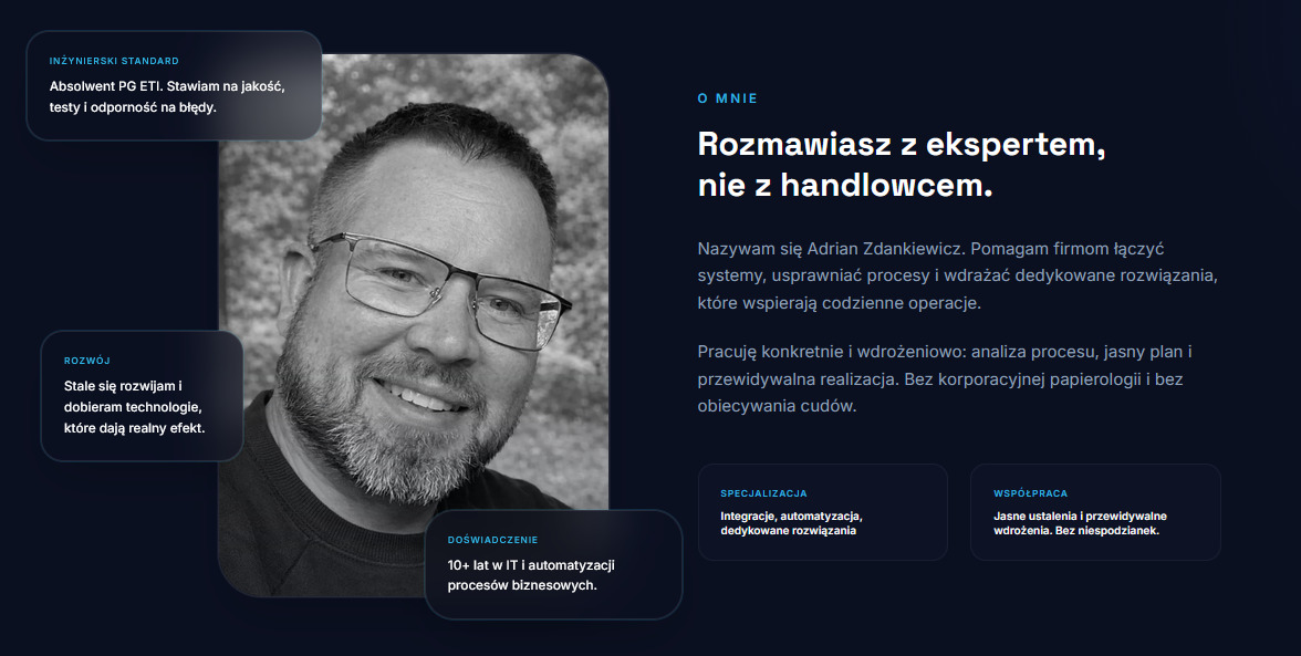 Portret eksperta IT, Adrian Zdankiewicz, z opisem doświadczenia i specjalizacji: integracja, automatyzacja, dedykowane rozwiązania. Inżynierski standard i rozwój.
