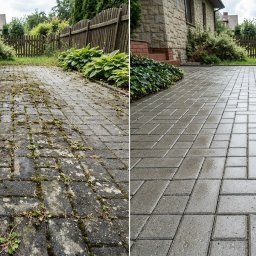 Michał Skrabski - Efekt przed i po: zaniedbana kostka brukowa z mchem i chwastami odzyskuje czysty, szary odcień po profesjonalnym czyszczeniu. Widoczne detale kostki i otoczenia.