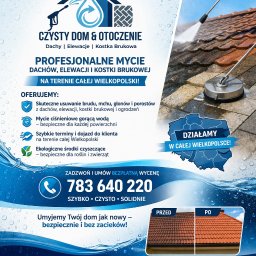 Michał Skrabski - Grafika reklamowa: mycie ciśnieniowe dachów, elewacji i kostki brukowej na terenie Wielkopolski. Oferta z porównaniem efektu przed i po czyszczeniu dachu.