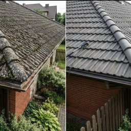 Czysty Dom I Otoczenie - Zdjęcie dachu przed i po czyszczeniu. Po lewej dach pokryty mchem, po prawej czysty, szary dach z dachówki ceramicznej. Widoczne rynny i fragment budynku.