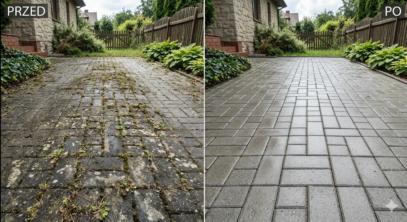 Efekt przed i po: zaniedbana kostka brukowa z mchem i chwastami odzyskuje czysty, szary odcień po profesjonalnym czyszczeniu. Widoczne detale kostki i otoczenia.