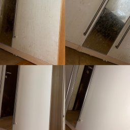 SOS DEZYN-DER 24 - Szafa z lustrem przed i po czyszczeniu w Warszawie. Widoczne zabrudzenia i efekt po sprzątaniu, ukazujący różnicę w wyglądzie.