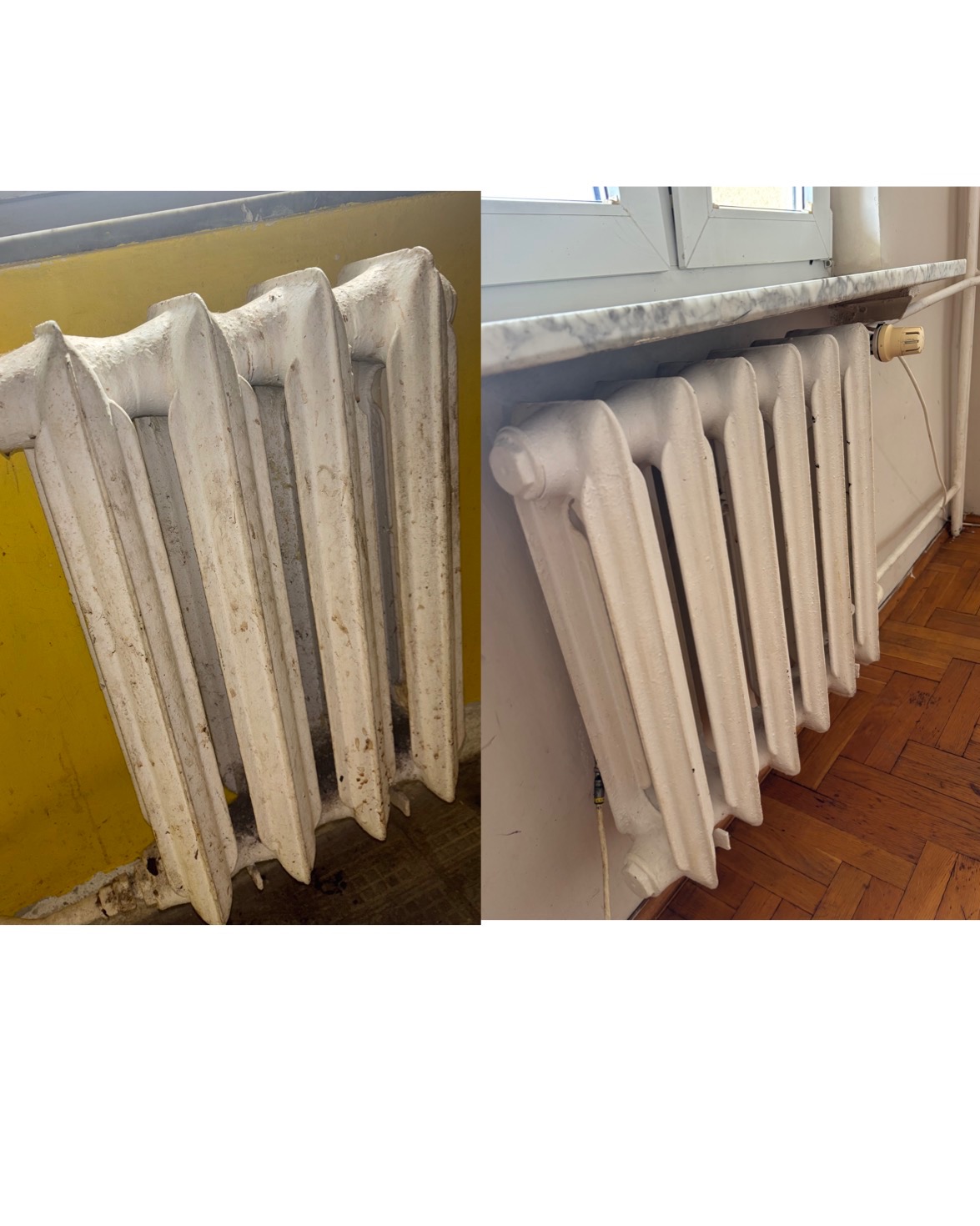 Grzejnik żeberkowy: po lewej brudny, po prawej czysty, po renowacji. Widoczne różnice w kolorze i czystości. Ujęcie typu 'przed i po'.