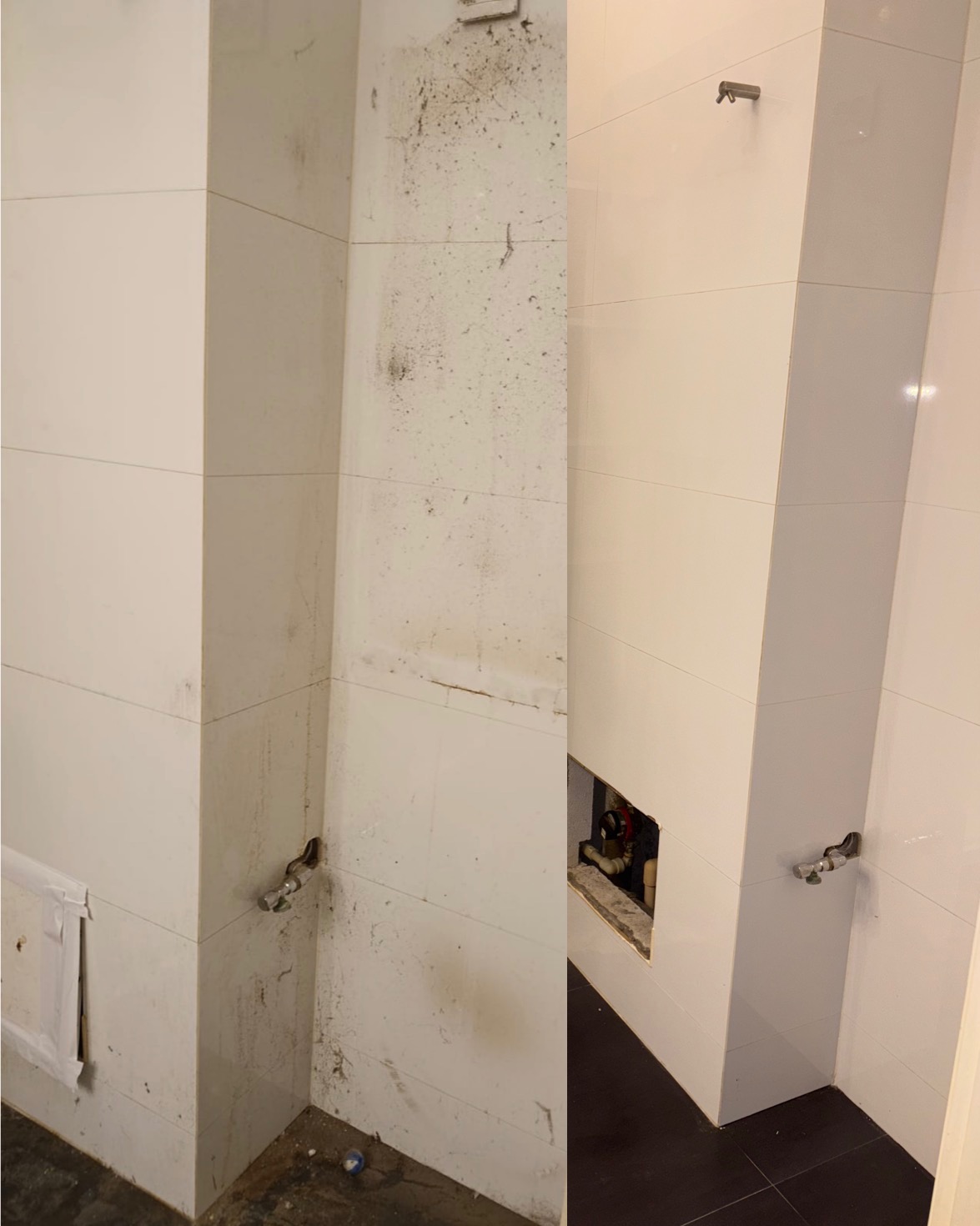 Zdjęcie 'przed i po' przedstawia narożnik łazienki z białymi płytkami. Po lewej stronie ściana jest brudna, a po prawej czysta, ukazując efekt sprzątania.