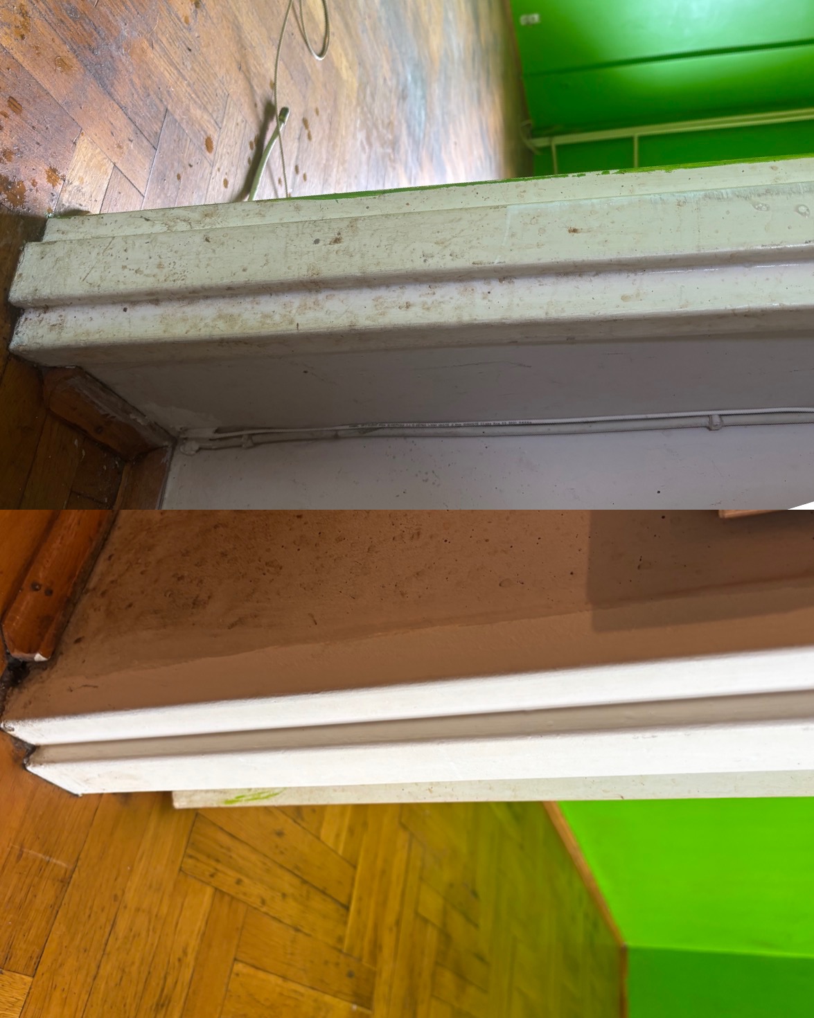 Zdjęcie 'przed i po' czyszczenia framugi drzwiowej z widocznymi zabrudzeniami i odświeżoną powierzchnią, ukazujące efekt sprzątania. Drewniana podłoga i zielona ściana w tle.