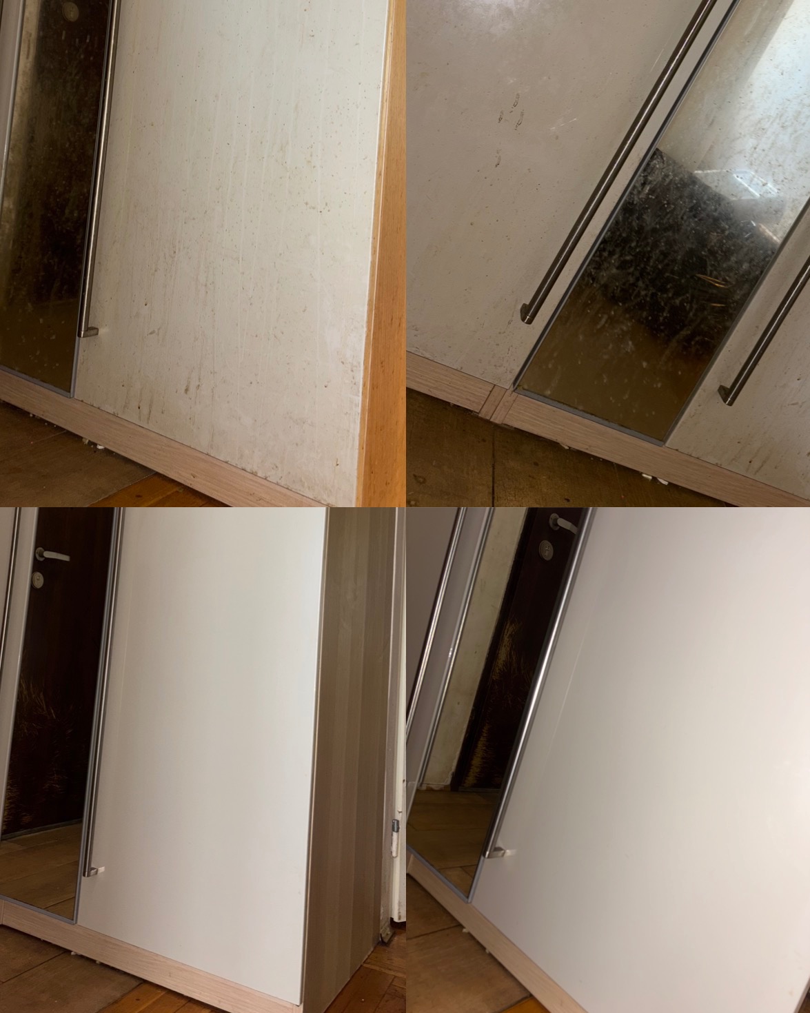 Szafa z lustrem przed i po czyszczeniu w Warszawie. Widoczne zabrudzenia i efekt po sprzątaniu, ukazujący różnicę w wyglądzie.