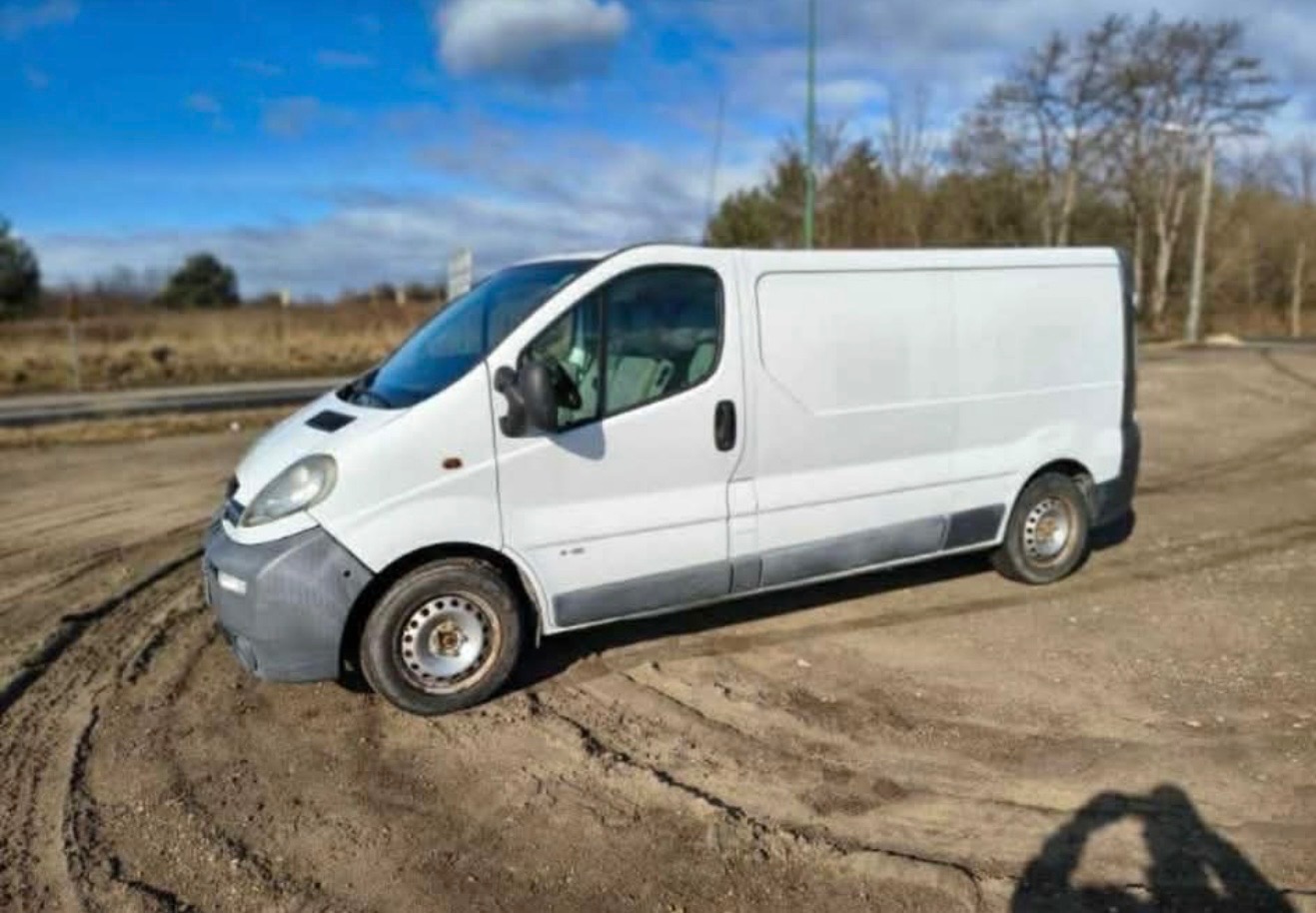 Biały samochód dostawczy Opel Vivaro na piaszczystym podłożu, widok z boku, błękitne niebo w tle. Auto gotowe do transportu, np. podczas przeprowadzki.