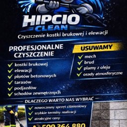 Mateusz Stanek - Grafika reklamowa firmy Hipcio Clean: czyszczenie kostki brukowej i elewacji. Maskotka firmy, wykaz usług i korzyści, numer telefonu. Nowoczesny sprzęt ciśnieniowy.