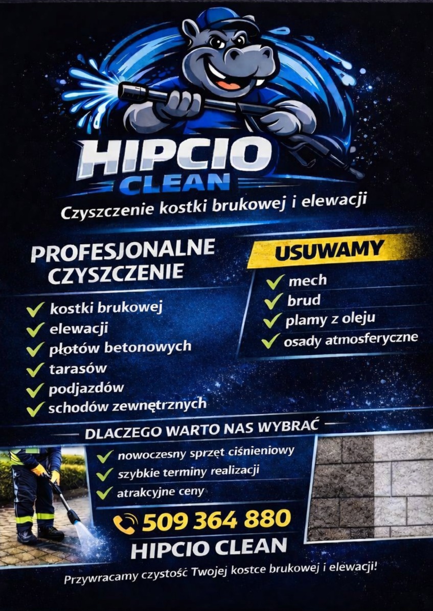 Grafika reklamowa firmy Hipcio Clean: czyszczenie kostki brukowej i elewacji. Maskotka firmy, wykaz usług i korzyści, numer telefonu. Nowoczesny sprzęt ciśnieniowy.