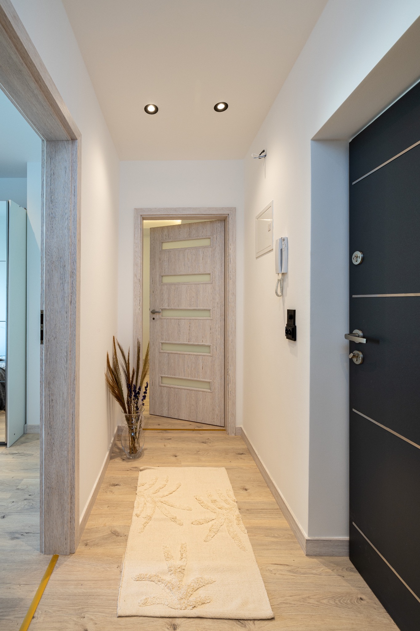 Jasny korytarz z drewnianą podłogą i beżowym dywanem w kształcie rozgwiazd. Widoczne drzwi wewnętrzne z przeszkleniami i czarne drzwi wejściowe.