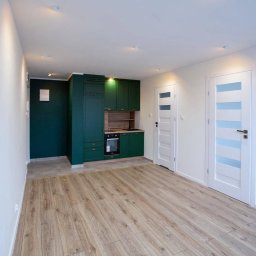 Duo Serwis - Nowoczesne wnętrze: zielona zabudowa kuchenna z drewnianymi półkami, jasne panele podłogowe, białe ściany i drzwi z niebieskimi akcentami. Minimalistyczny design.