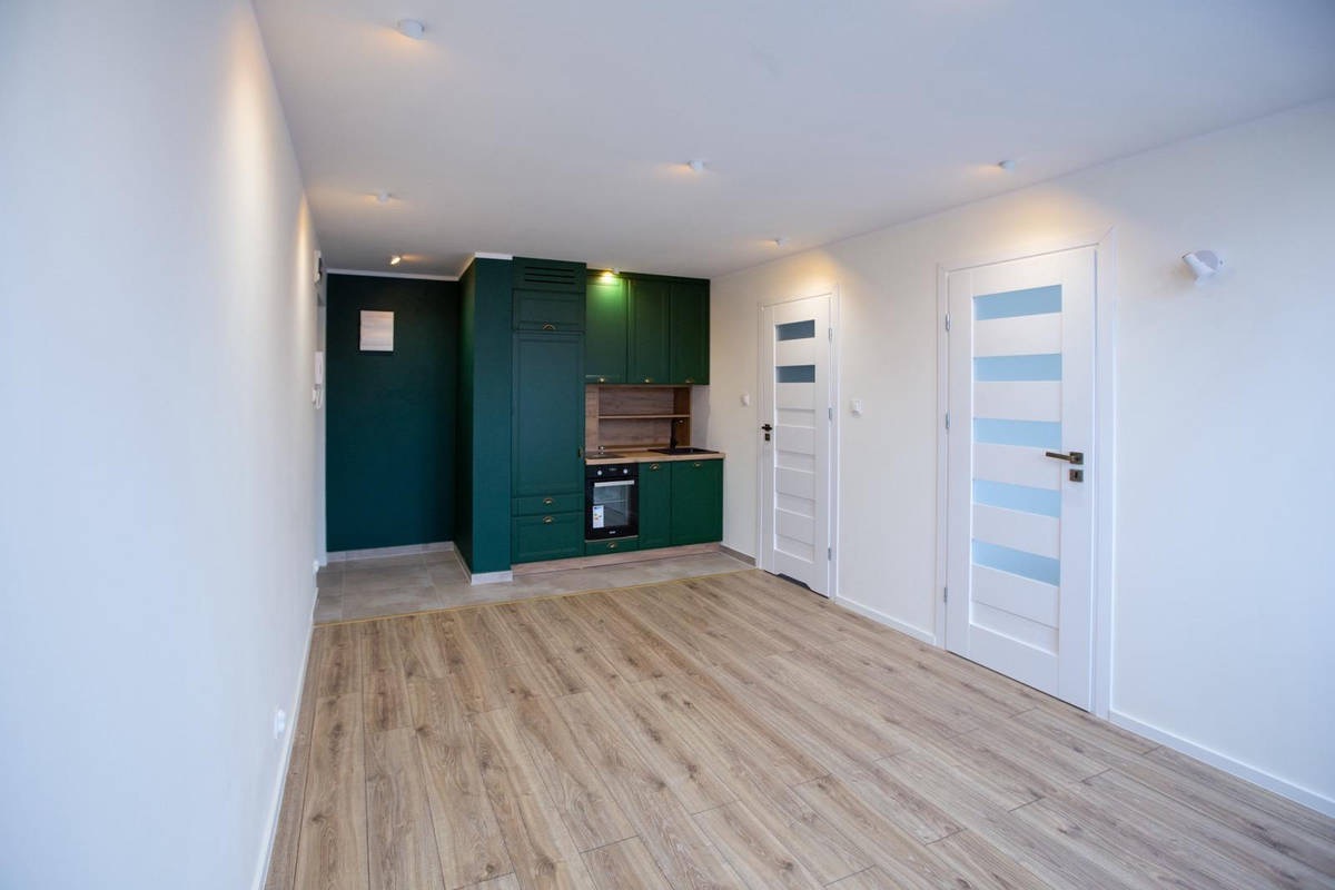Nowoczesne wnętrze: zielona zabudowa kuchenna z drewnianymi półkami, jasne panele podłogowe, białe ściany i drzwi z niebieskimi akcentami. Minimalistyczny design.