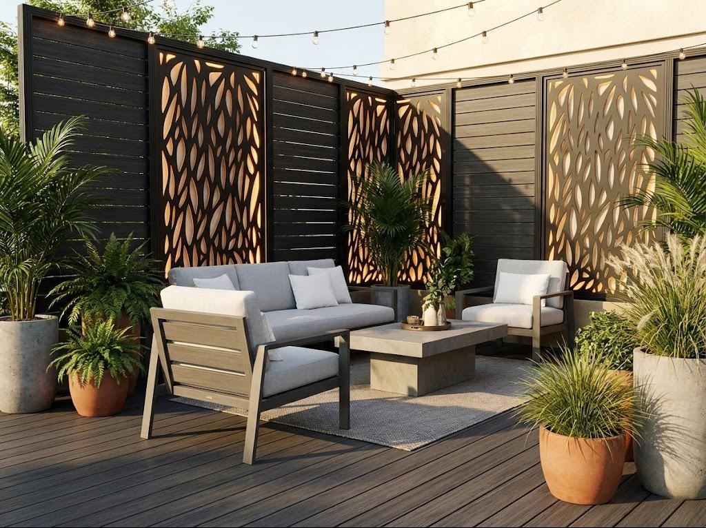 Nowoczesny taras z deskami w odcieniach szarości, otoczony dekoracyjnym, ażurowym panelem i roślinami w donicach. Meble wypoczynkowe i nastrojowe oświetlenie.