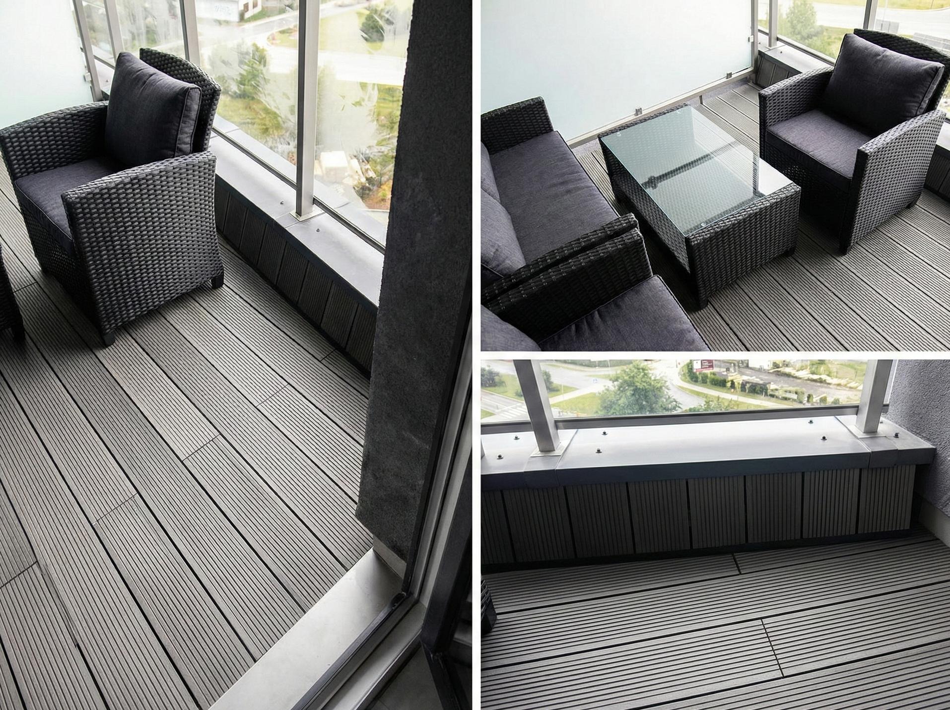 Nowoczesny balkon w Rzeszowie z szarą podłogą i meblami rattanowymi. Widok na miasto przez szklaną balustradę. Detal: minimalistyczny design i precyzyjne wykonanie.